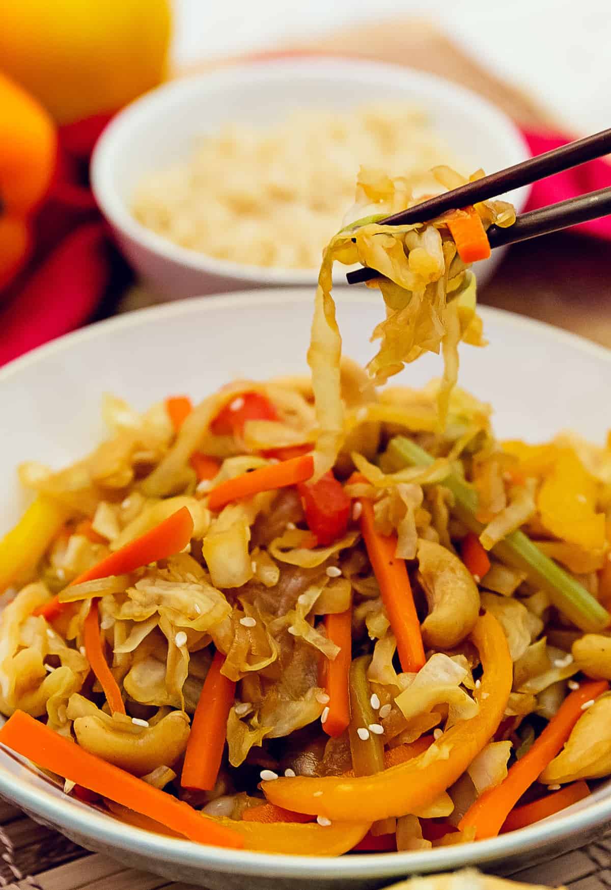 the best cashew cabbage stir fry, whole food plant based, healthy recipes, recipes, vegan, gluten free, vegetarian, no oil, refined sugar free, wholesome