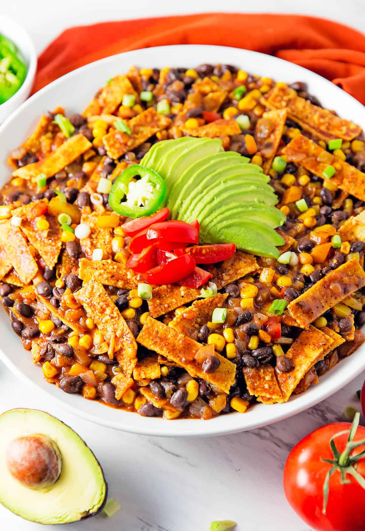 enchilada skillet, enchiladas, vegan, vegetarian, whole food plant based, gluten free, recipe, wfpb, healthy, oil free, no refined sugar, no oil, refined sugar free, lunch, dinner, easy, fast, quick, dairy free, no dairy, Mexican, Southwestern