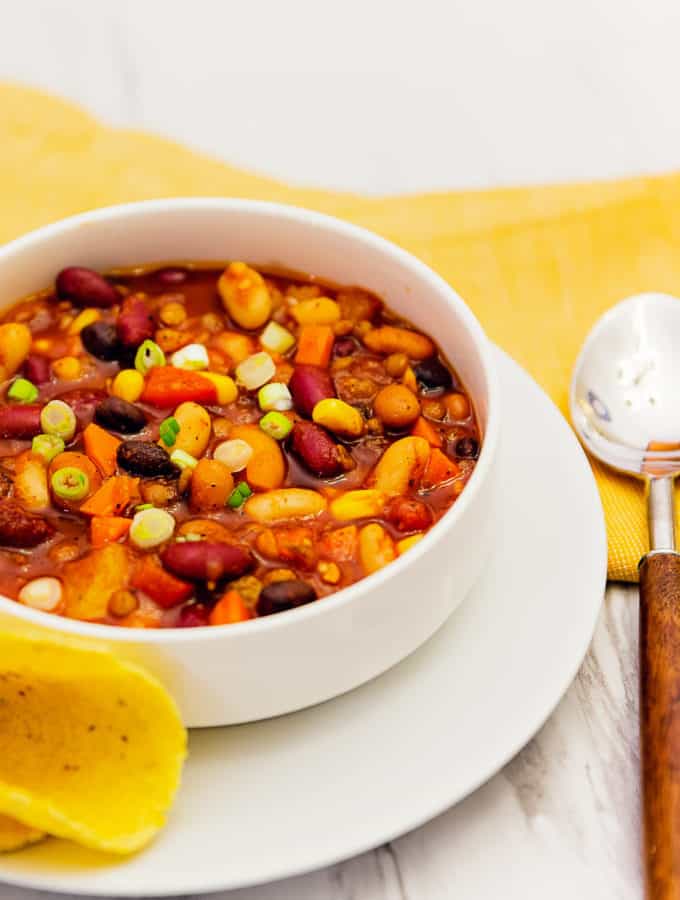 five bean chili, bean chili, chili, recipe, vegan, vegetarian, whole food plant based, wfpb, gluten free, oil free, refined sugar free, no oil, no refined sugar, no dairy, dinner, lunch, dinner party, entertaining, simple, healthy
