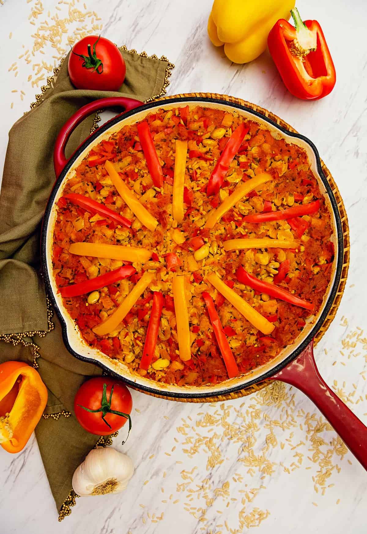 paella, vegan paella, vegetarian paella, whole food plant based paella, oil free paella, gluten free paella, paella recipe, recipe, vegan, vegetarian, whole food plant based, gluten free, oil free, dairy free, wfpb, dinner, lunch, rice, brown rice, peppers, beans, easy, simple, healthy, side, side dish,