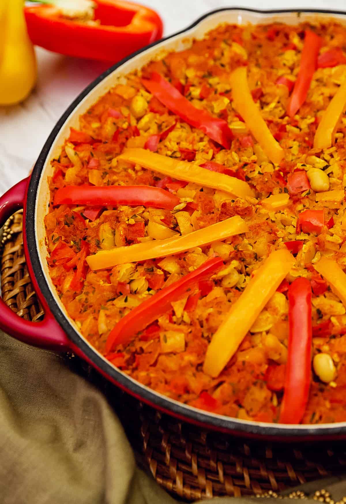 paella, recipe, vegan, vegetarian, whole food plant based, gluten free, oil free, dairy free, wfpb, dinner, lunch, rice, peppers, beans, easy, simple, healthy, no refined sugar, no oil, refined sugar free, entertaining, dinner party, Spanish