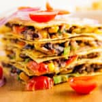 quesadilla, spicy black beans, vegan, vegetarian, whole food plant based, gluten free, recipe, wfpb, healthy, oil free, no refined sugar, no oil, refined sugar free, lunch, dinner, easy, fast, quick, dinner party, entertaining, Spanish rice, rice, black beans, green onions, tomatoes, avocado, quick dinner, fast dinner, dairy free, no dairy, Mexican, Southwestern