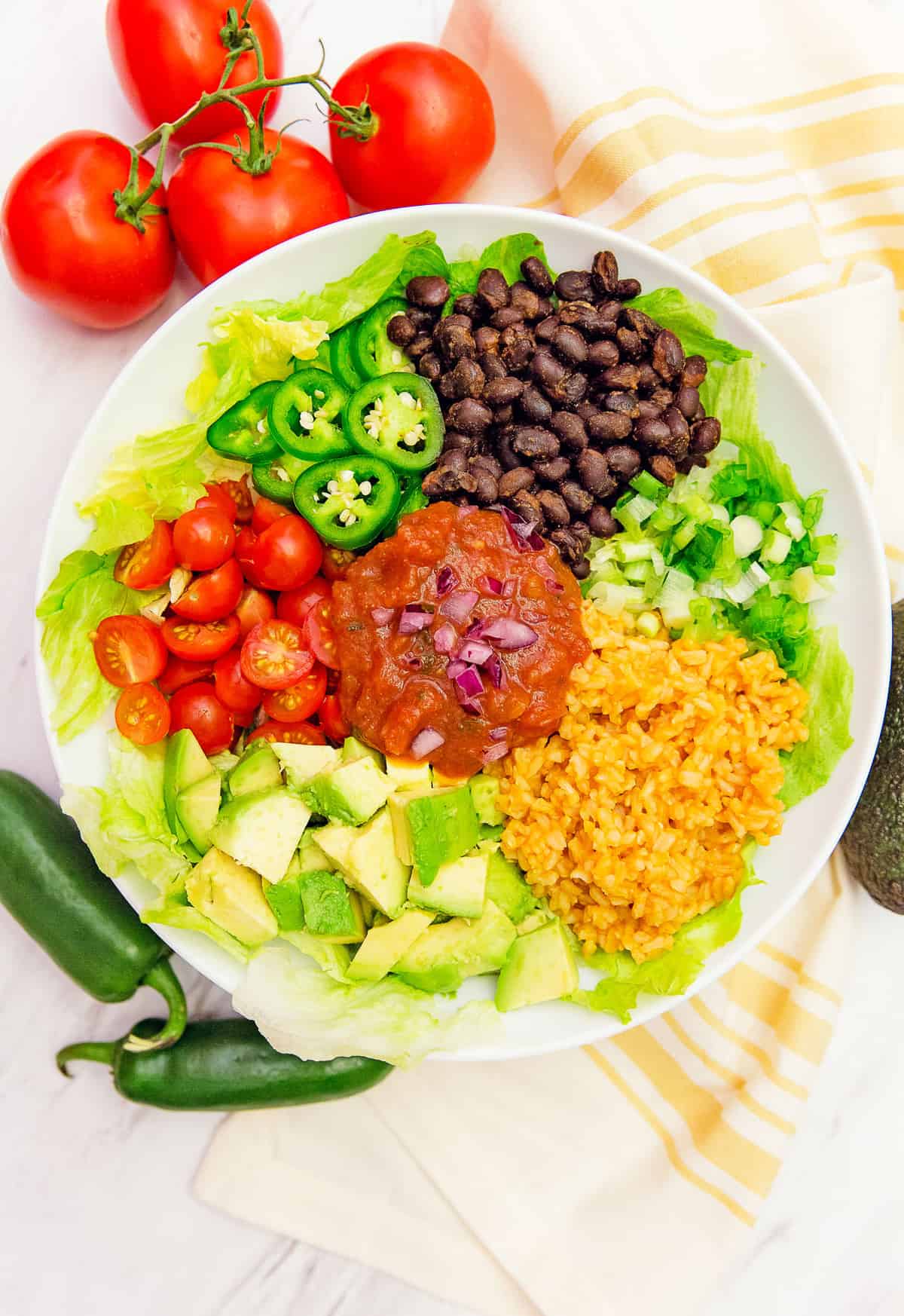 Salsa veggie bowl, veggie bowl, vegan, vegetarian, whole food plant based, gluten free, recipe, wfpb, healthy, oil free, no refined sugar, no oil, refined sugar free, lunch, dinner, easy, fast, quick, dinner party, entertaining, Spanish rice, rice, black beans, green onions, tomatoes, jalapeño, quick dinner, avocado, salsa dressing, fast dinner, dairy free, no dairy, Mexican, Southwestern