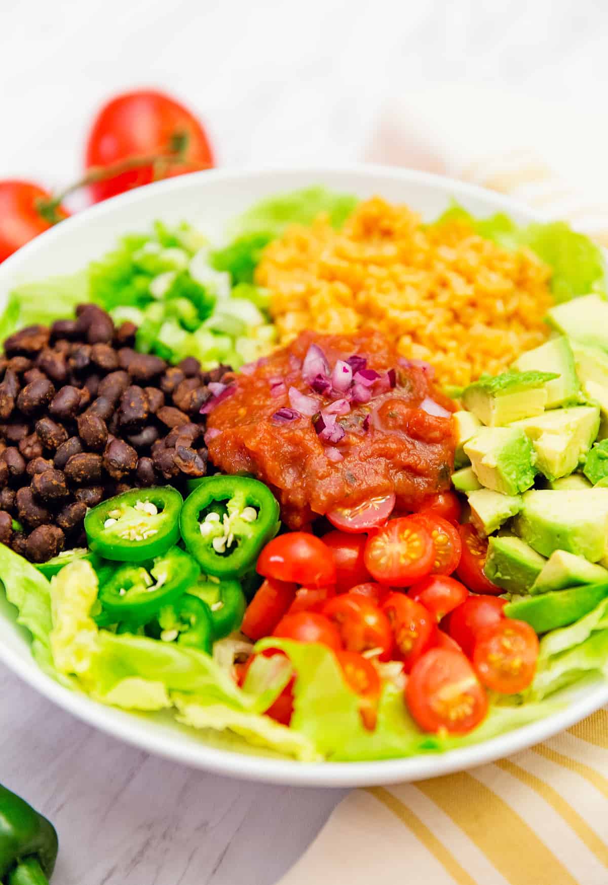 Salsa veggie bowl, veggie bowl, vegan, vegetarian, whole food plant based, gluten free, recipe, wfpb, healthy, oil free, no refined sugar, no oil, refined sugar free, lunch, dinner, easy, fast, quick, dinner party, entertaining, Spanish rice, rice, black beans, green onions, tomatoes, jalapeño, quick dinner, avocado, salsa dressing, fast dinner, dairy free, no dairy, Mexican, Southwestern