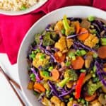 Thai, stir fry, Asian, broccoli, cauliflower, carrots, rice, vegan, vegetarian, whole food plant based, gluten free, recipe, wfpb, healthy, oil free, no refined sugar, no oil, refined sugar free, lunch, dinner, side, sauce, easy, fast, quick, dinner party, entertaining,