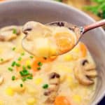 vegan clam chowder, chowder, soup, recipe, vegan, vegetarian, whole food plant based, wfpb, gluten free, oil free, refined sugar free, no oil, no refined sugar, no dairy, dinner, lunch, appetizer, dinner party, entertaining, simple, healthy