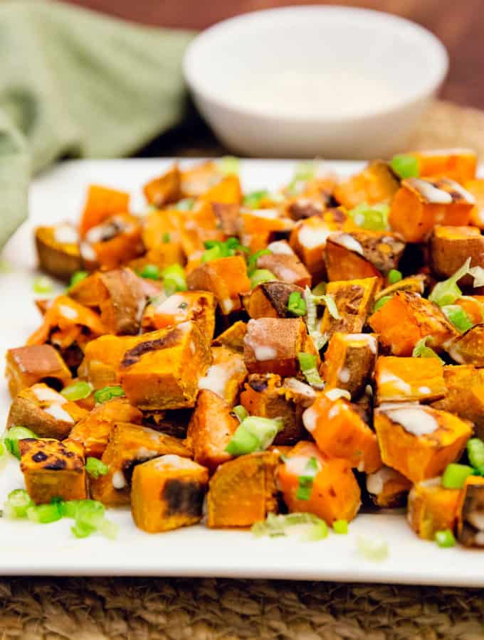 sweet potatoes with tahini sauce, sweet potatoes, vegan, vegetarian, whole food plant based, gluten free, recipe, wfpb, healthy, oil free, no refined sugar, no oil, refined sugar free, lunch, dinner, side, side dish, easy, fast, quick, dairy free,