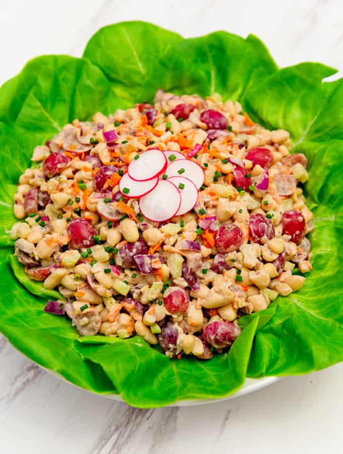 Waldorf salad, salad, white beans, grapes, walnuts, tahini, vegan, vegetarian, whole food plant based, gluten free, recipe, wfpb, healthy, oil free, no refined sugar, no oil, refined sugar free, lunch, dinner, side, sauce, easy, fast, quick, dinner party, entertaining, picnic, fun salad, lettuce cups, lettuce wraps, dinner party, holiday, special, Thanksgiving salad, Christmas salad