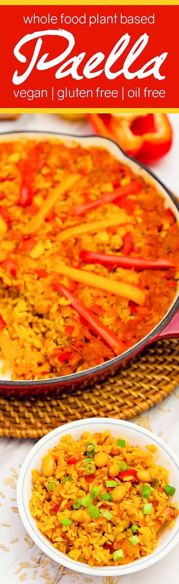 paella, vegan paella, vegetarian paella, whole food plant based paella, oil free paella, gluten free paella, paella recipe, recipe, vegan, vegetarian, whole food plant based, gluten free, oil free, dairy free, wfpb, dinner, lunch, rice, brown rice, peppers, beans, easy, simple, healthy, side, side dish,