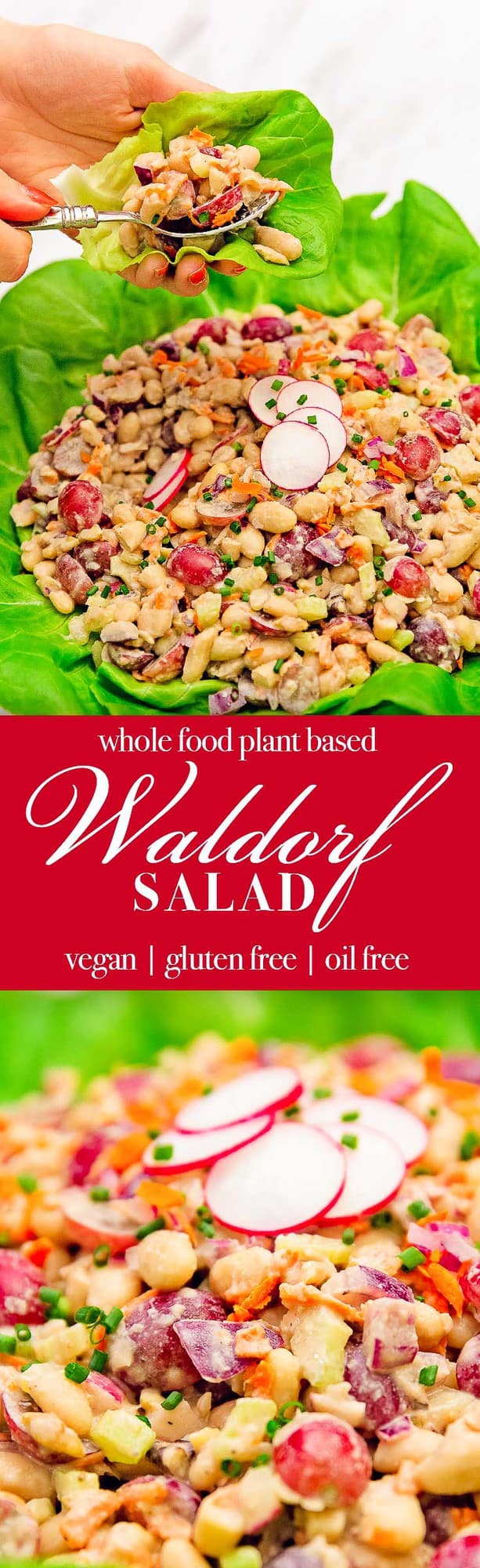 Waldorf salad, salad, white beans, grapes, walnuts, tahini, vegan, vegetarian, whole food plant based, gluten free, recipe, wfpb, healthy, oil free, no refined sugar, no oil, refined sugar free, lunch, dinner, side, sauce, easy, fast, quick, dinner party, entertaining, picnic, fun salad, lettuce cups, lettuce wraps, dinner party, holiday, special, Thanksgiving salad, Christmas salad
