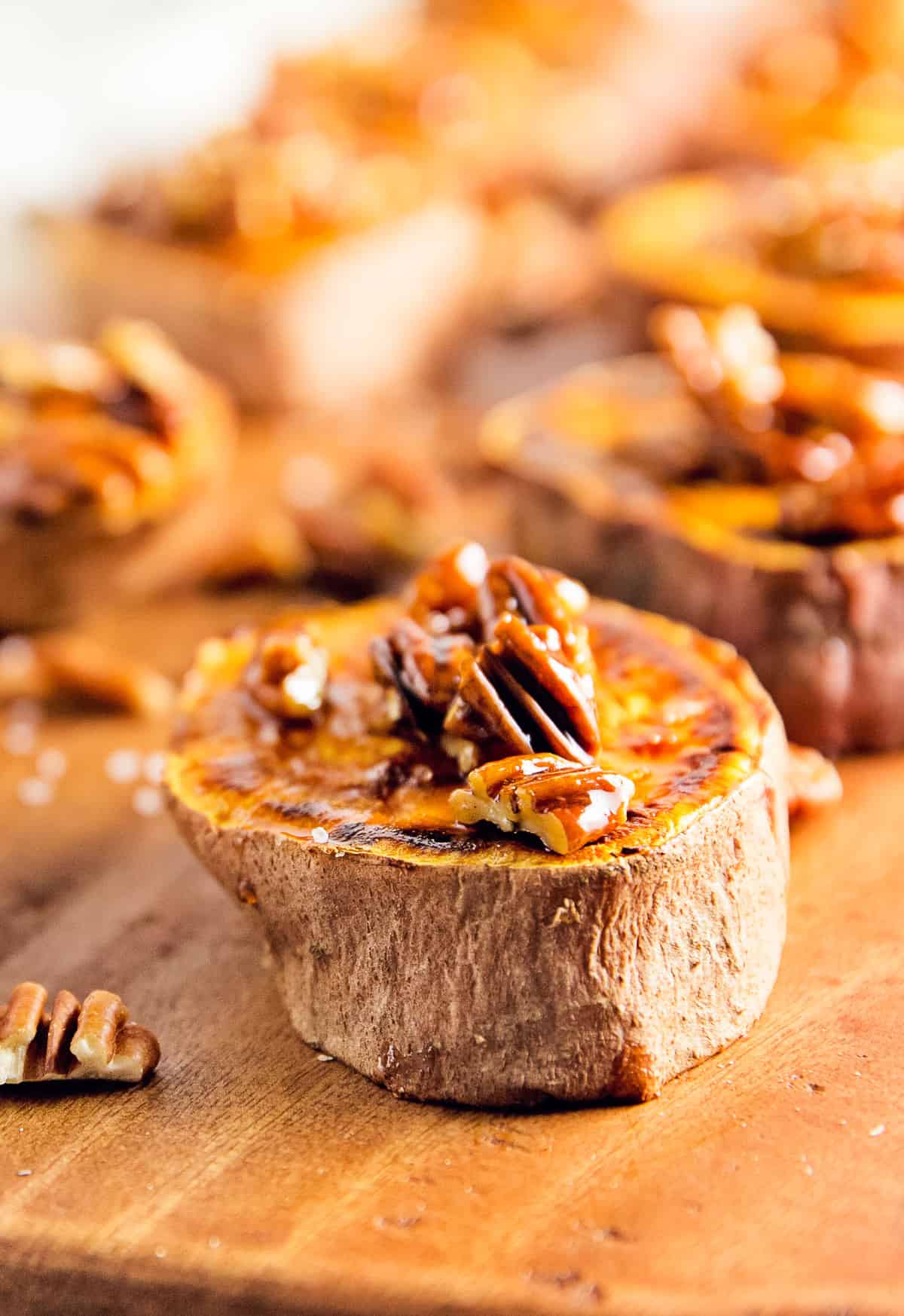 glazed pecan sweet potato rounds, sweet potatoes, recipe, vegan, vegetarian, whole food plant based, wfpb, gluten free, oil free, refined sugar free, no oil, no refined sugar, no dairy, dinner, lunch, side, appetizer, dinner party, entertaining, simple, healthy