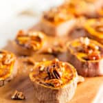 glazed pecan sweet potato rounds, sweet potatoes, recipe, vegan, vegetarian, whole food plant based, wfpb, gluten free, oil free, refined sugar free, no oil, no refined sugar, no dairy, dinner, lunch, side, appetizer, dinner party, entertaining, simple, healthy