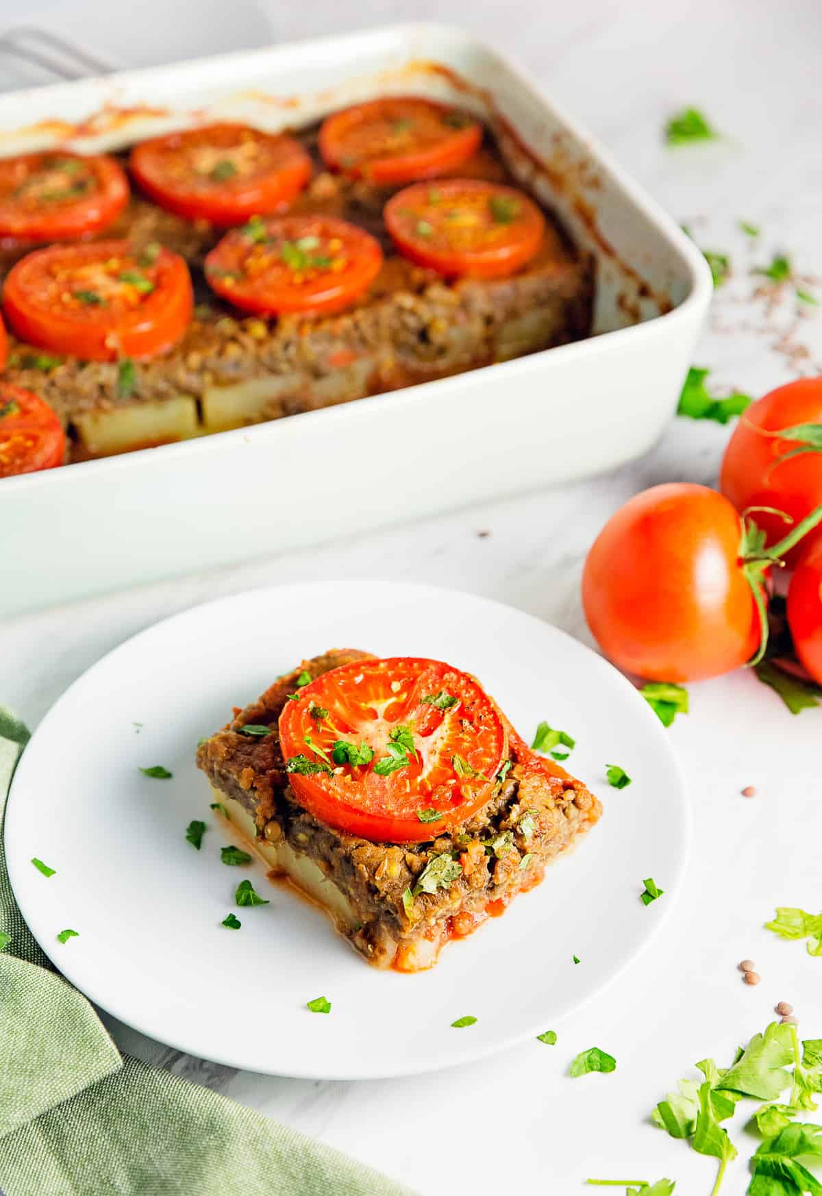 potato lentil tomato bake, vegan, vegetarian, whole food plant based, gluten free, recipe, wfpb, healthy, oil free, no refined sugar, no oil, refined sugar free, dinner, side, side dish, dairy free, entertaining, dinner party