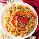 roasted red pepper hummus pasta, vegan, vegetarian, whole food plant based, gluten free, recipe, wfpb, healthy, oil free, no refined sugar, no oil, refined sugar free, dinner, side, side dish, dairy free, entertaining, dinner party