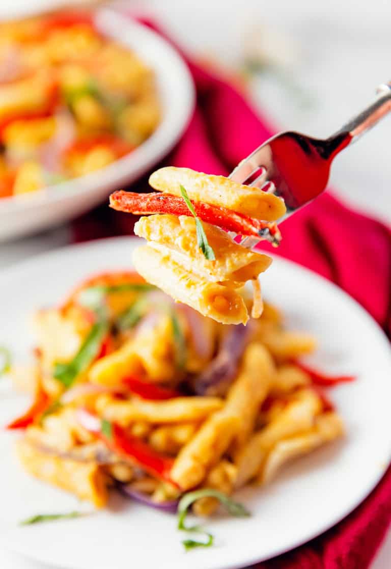 Roasted Red Pepper Hummus Pasta - Monkey and Me Kitchen Adventures