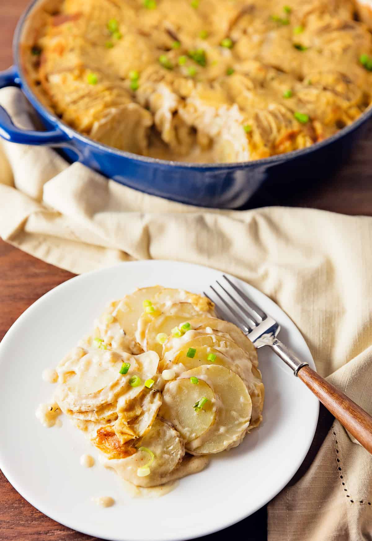 scalloped potatoes, potatoes, vegan, vegetarian, whole food plant based, gluten free, recipe, wfpb, healthy, oil free, no refined sugar, no oil, refined sugar free, dinner, side, side dish, dairy free, entertaining, dinner party