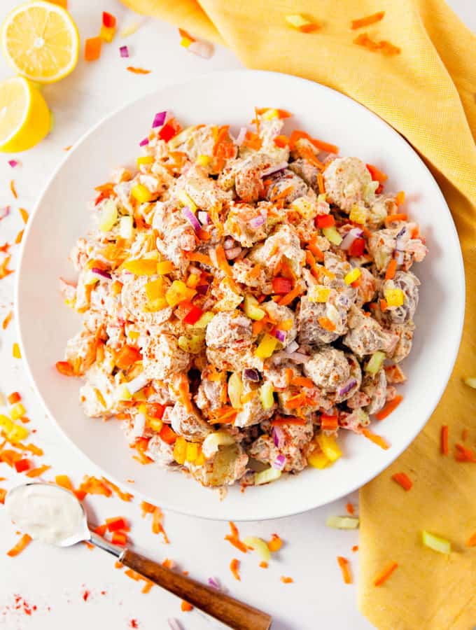 Vegan Picnic Potato Salad, vegan, vegetarian, whole food plant based, gluten free, recipe, wfpb, healthy, oil free, no refined sugar, no oil, refined sugar free, dinner, side, side dish, dairy free, dinner party, entertaining