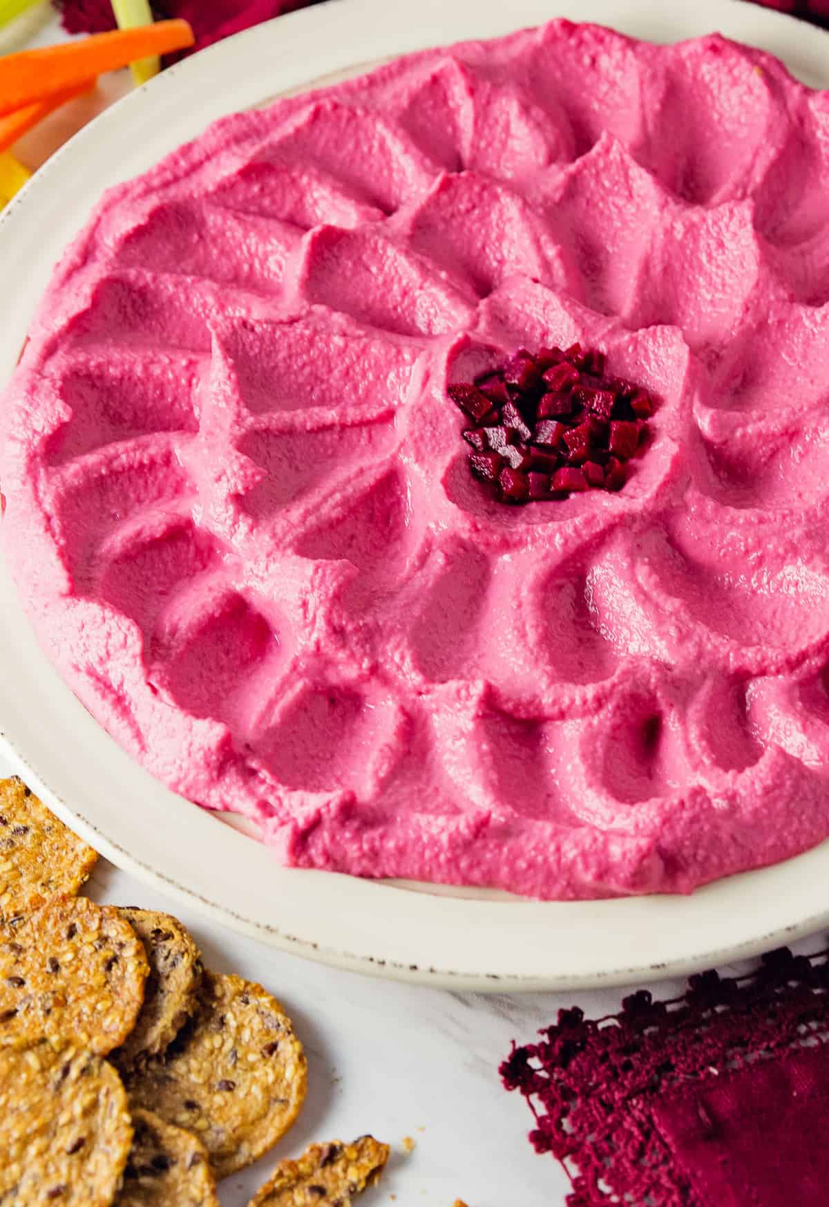 Beet Hummus, vegan, vegetarian, whole food plant based, gluten free, recipe, wfpb, healthy, oil free, no refined sugar, no oil, refined sugar free, dinner, side, side dish, dairy free, dinner party, entertaining