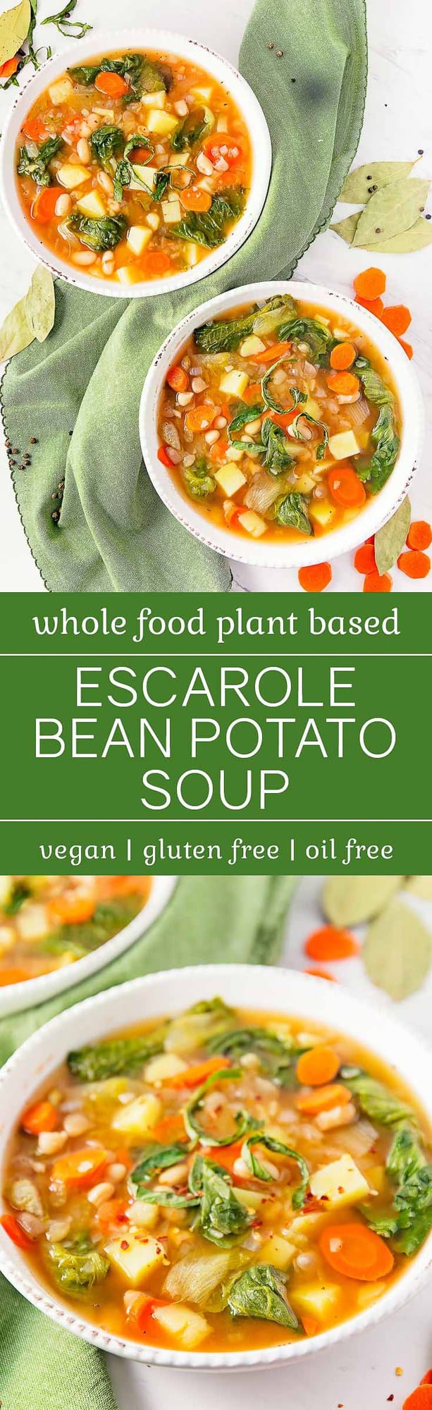 Escarole Bean Potato Soup, plant based, vegan, vegetarian, whole food plant based, gluten free, recipe, wfpb, healthy, healthy vegan, oil free, no refined sugar, no oil, refined sugar free, dairy free, dinner party, entertaining, soup