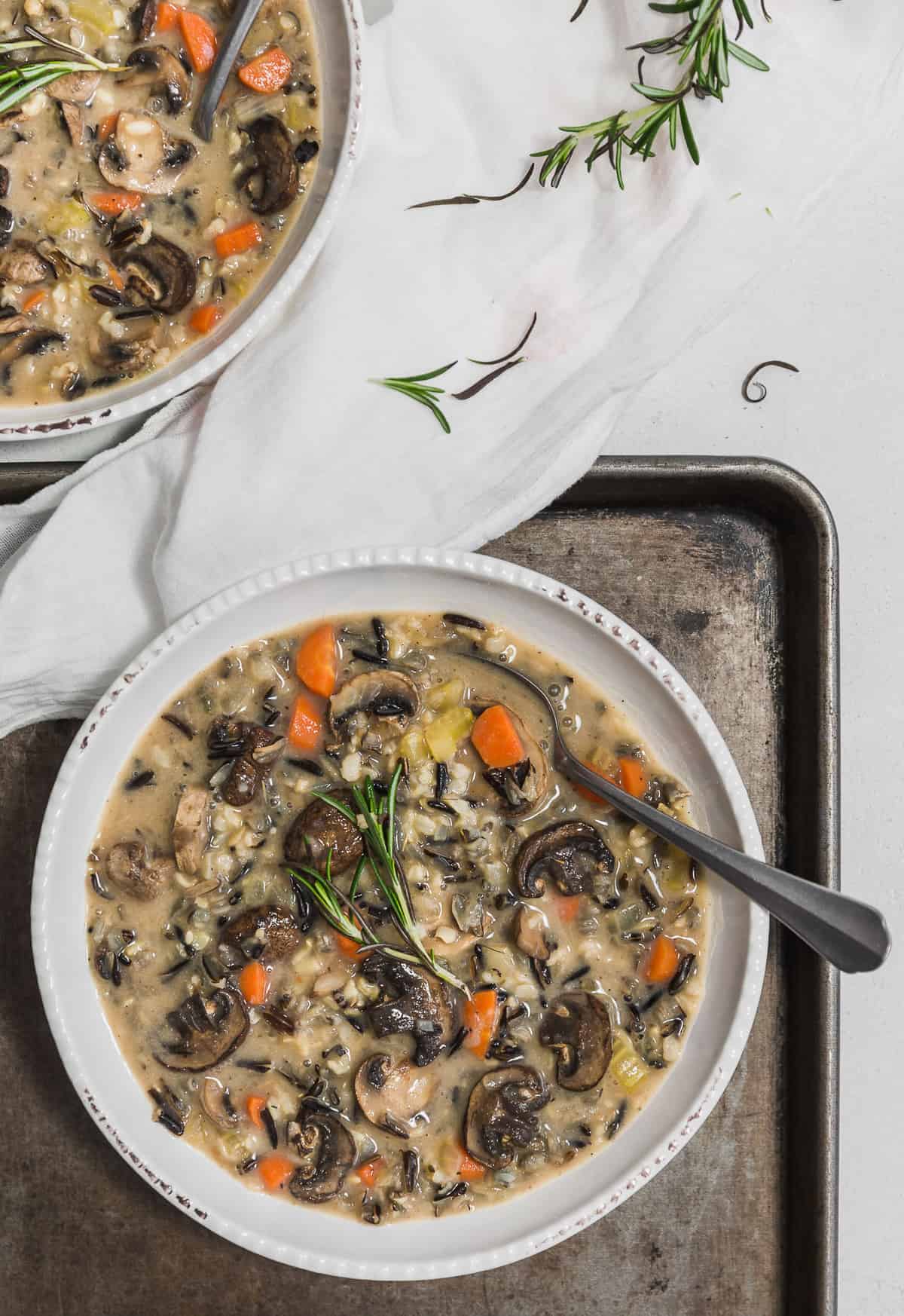 Creamy Mushroom and Wild Rice Soup, plant based, vegan, vegetarian, whole food plant based, gluten free, recipe, wfpb, healthy, healthy vegan, oil free, no refined sugar, no oil, refined sugar free, dairy free, dinner party, entertaining, soup