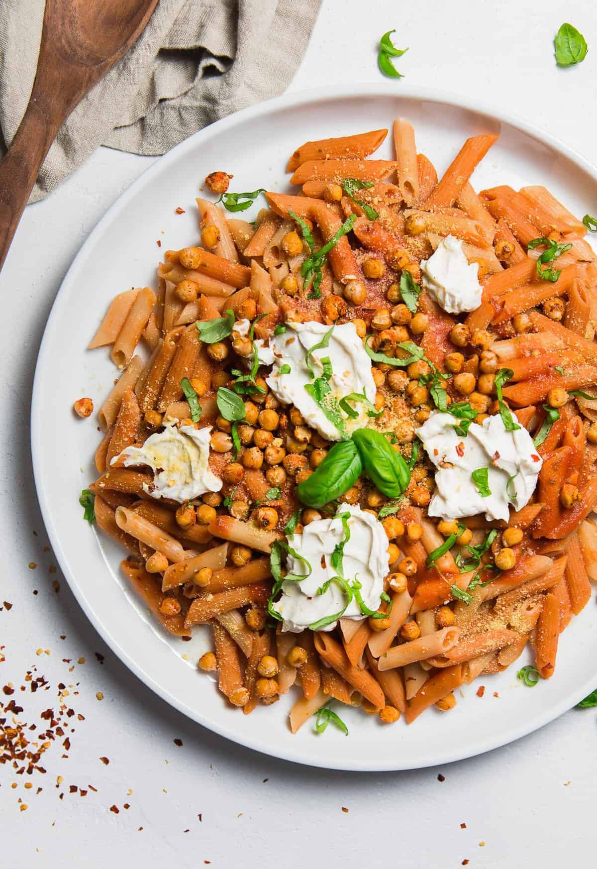 Easy Basil Pasta Sauce Topped with Roasted Chickpeas, plant based, vegan, vegetarian, whole food plant based, gluten free, recipe, wfpb, healthy, healthy vegan, oil free, no refined sugar, no oil, refined sugar free, dairy free, dinner party, entertaining, dinner, pasta