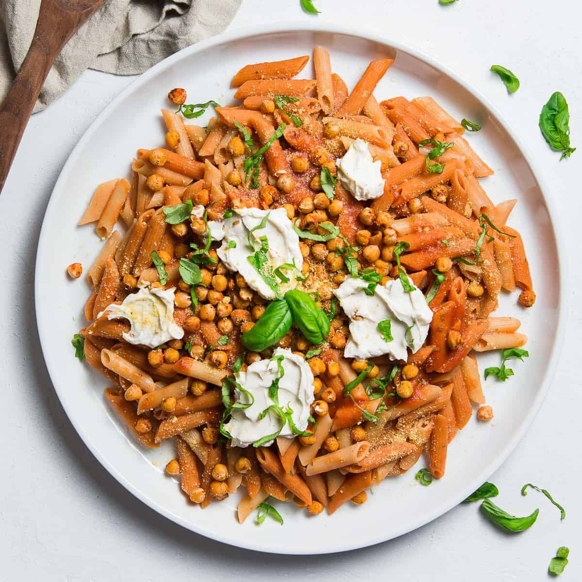 Easy Basil Pasta Sauce Topped with Roasted Chickpeas, plant based, vegan, vegetarian, whole food plant based, gluten free, recipe, wfpb, healthy, healthy vegan, oil free, no refined sugar, no oil, refined sugar free, dairy free, dinner party, entertaining, dinner, pasta