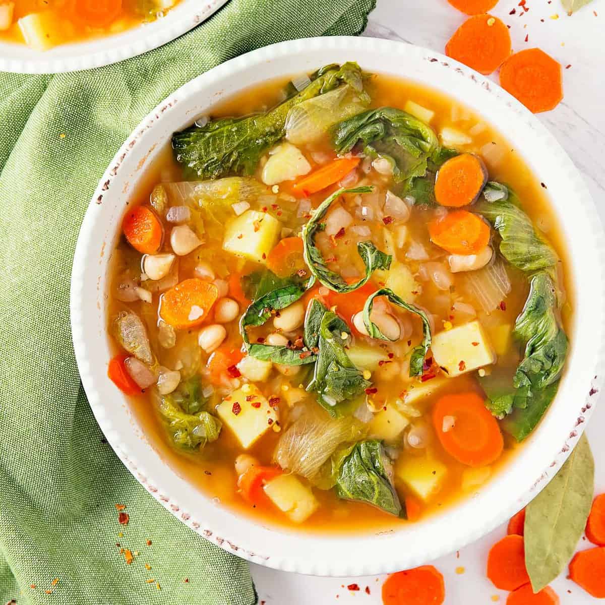 Escarole Bean Potato Soup, plant based, vegan, vegetarian, whole food plant based, gluten free, recipe, wfpb, healthy, healthy vegan, oil free, no refined sugar, no oil, refined sugar free, dairy free, dinner party, entertaining, soup