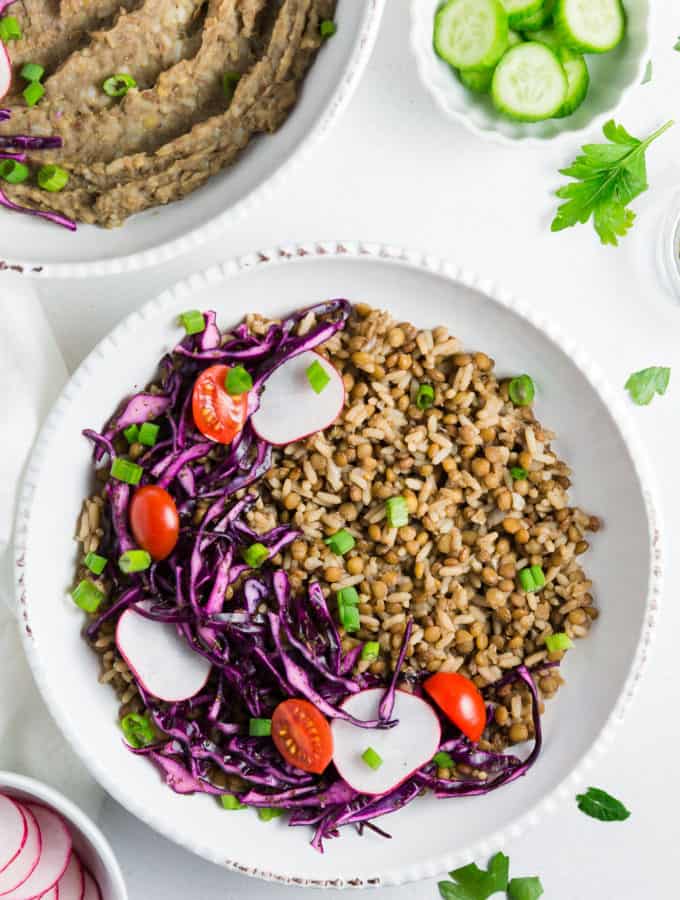 Mjedra Lebanese Lentils and Rice, plant based, vegan, vegetarian, whole food plant based, gluten free, recipe, wfpb, healthy, healthy vegan, oil free, no refined sugar, no oil, refined sugar free, dairy free, dinner party, entertaining, dinner