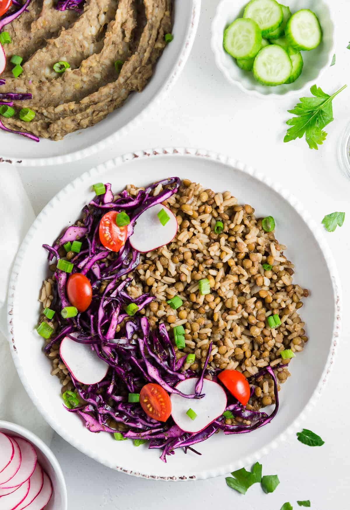 Mjedra Lebanese Lentils and Rice, plant based, vegan, vegetarian, whole food plant based, gluten free, recipe, wfpb, healthy, healthy vegan, oil free, no refined sugar, no oil, refined sugar free, dairy free, dinner party, entertaining, dinner