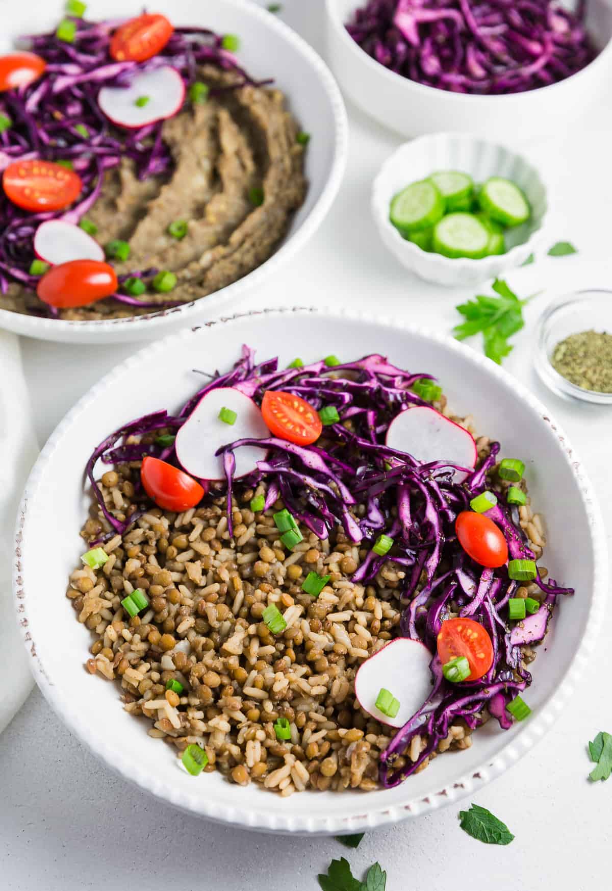 Mjedra Lebanese Lentils and Rice, plant based, vegan, vegetarian, whole food plant based, gluten free, recipe, wfpb, healthy, healthy vegan, oil free, no refined sugar, no oil, refined sugar free, dairy free, dinner party, entertaining, dinner