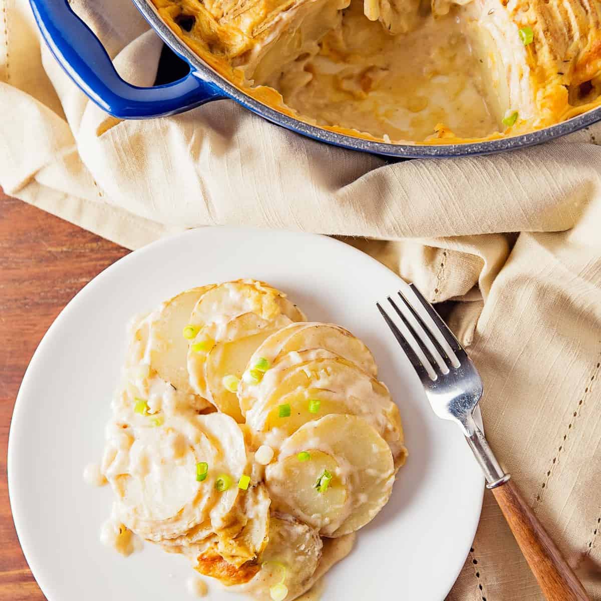 scalloped potatoes, potatoes, vegan, vegetarian, whole food plant based, gluten free, recipe, wfpb, healthy, oil free, no refined sugar, no oil, refined sugar free, dinner, side, side dish, dairy free, entertaining, dinner party