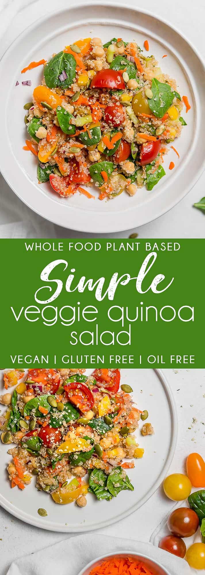 Simple Veggie Quinoa Salad, plant based, vegan, vegetarian, whole food plant based, gluten free, recipe, wfpb, healthy, healthy vegan, oil free, no refined sugar, no oil, refined sugar free, dairy free, dinner party, entertaining, salad, side, lunch, dinner