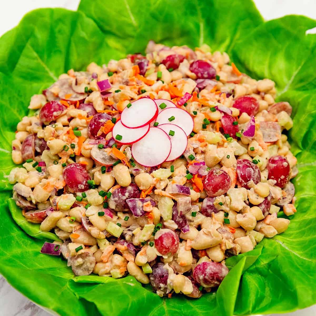 Waldorf salad, salad, white beans, grapes, walnuts, tahini, vegan, vegetarian, whole food plant based, gluten free, recipe, wfpb, healthy, oil free, no refined sugar, no oil, refined sugar free, lunch, dinner, side, sauce, easy, fast, quick, dinner party, entertaining, picnic, fun salad, lettuce cups, lettuce wraps, dinner party, holiday, special, Thanksgiving salad, Christmas salad