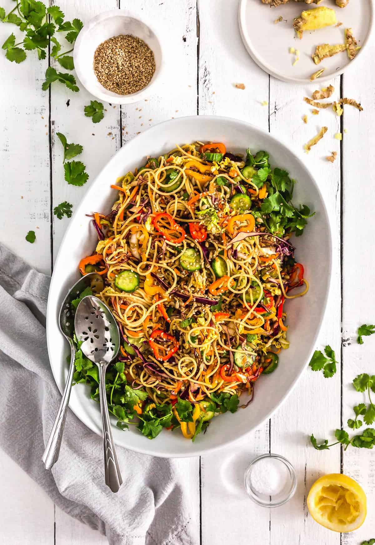 Asian Noodle Salad, noodle salad, plant based, vegan, vegetarian, whole food plant based, gluten free, recipe, wfpb, healthy, healthy vegan, oil free, no refined sugar, no oil, refined sugar free, dairy free, salad, noodles, pasta