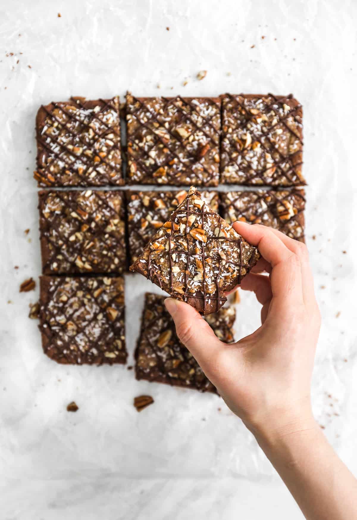 German Chocolate Bars, German Chocolate cake, plant based, vegan, vegetarian, whole food plant based, gluten free, recipe, wfpb, healthy, healthy vegan, oil free, no refined sugar, no oil, refined sugar free, dairy free, chocolate, coconut, brownies, bars, treats, sweets, desserts