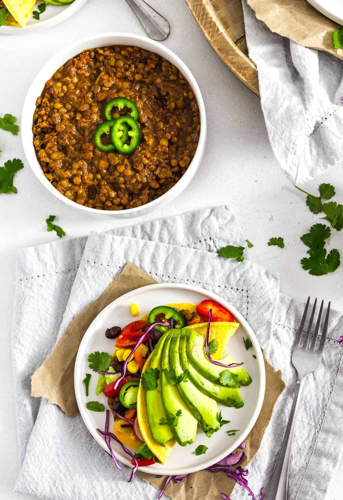 Instant Pot Lentil Tacos, plant based, vegan, vegetarian, whole food plant based, gluten free, recipe, wfpb, healthy, healthy vegan, oil free, no refined sugar, no oil, refined sugar free, dairy free, lentils, tacos, dinner, Instant Pot