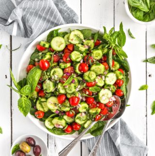 Cucumber Tomato Salad, cucumbers, tomato, salad, plant based, vegan, vegetarian, whole food plant based, gluten free, recipe, wfpb, healthy, healthy vegan, oil free, no refined sugar, no oil, refined sugar free, dairy free, appetizer, starter, snack, dinner, lunch, veggies