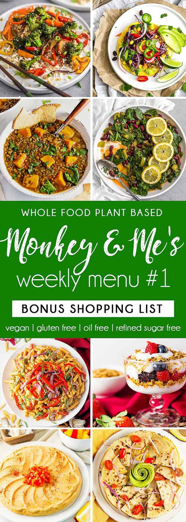 Monkey and Me's Menu, Menu 1, weekly recipe plan, menu, planner, plant based, vegan, vegetarian, whole food plant based, gluten free, recipe, wfpb, healthy, healthy vegan, oil free, no refined sugar, no oil, refined sugar free, dairy free, dinner, lunch, menu, plant based menu, vegan menu, weekly menu, meal plan, vegan meal plan, plant based meal plan, shopping list