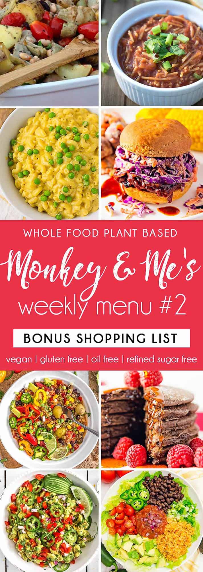 Monkey and Me's Menu, Menu 2, weekly recipe plan, menu, planner, plant based, vegan, vegetarian, whole food plant based, gluten free, recipe, wfpb, healthy, healthy vegan, oil free, no refined sugar, no oil, refined sugar free, dairy free, dinner, lunch, menu, plant based menu, vegan menu, weekly menu, meal plan, vegan meal plan, plant based meal plan, shopping list