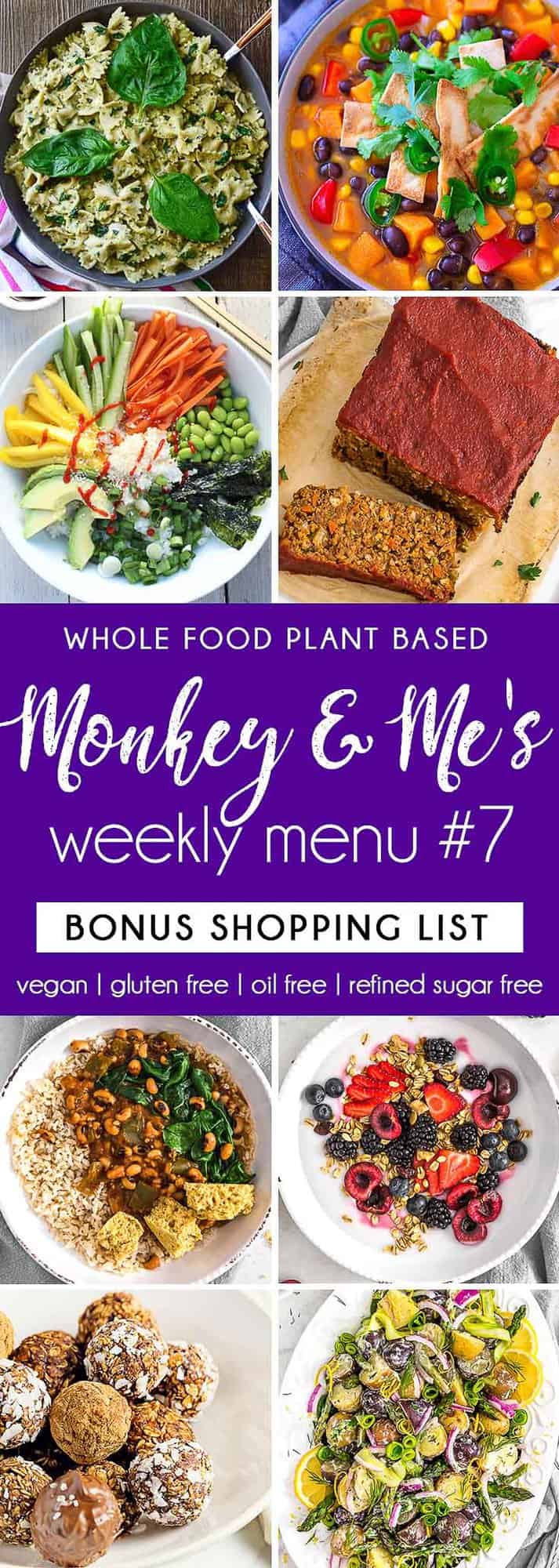 Monkey and Me's Menu, Menu 7, weekly recipe plan, menu, planner, plant based, vegan, vegetarian, whole food plant based, gluten free, recipe, wfpb, healthy, healthy vegan, oil free, no refined sugar, no oil, refined sugar free, dairy free, dinner, lunch, menu, plant based menu, vegan menu, weekly menu, meal plan, vegan meal plan, plant based meal plan, shopping list