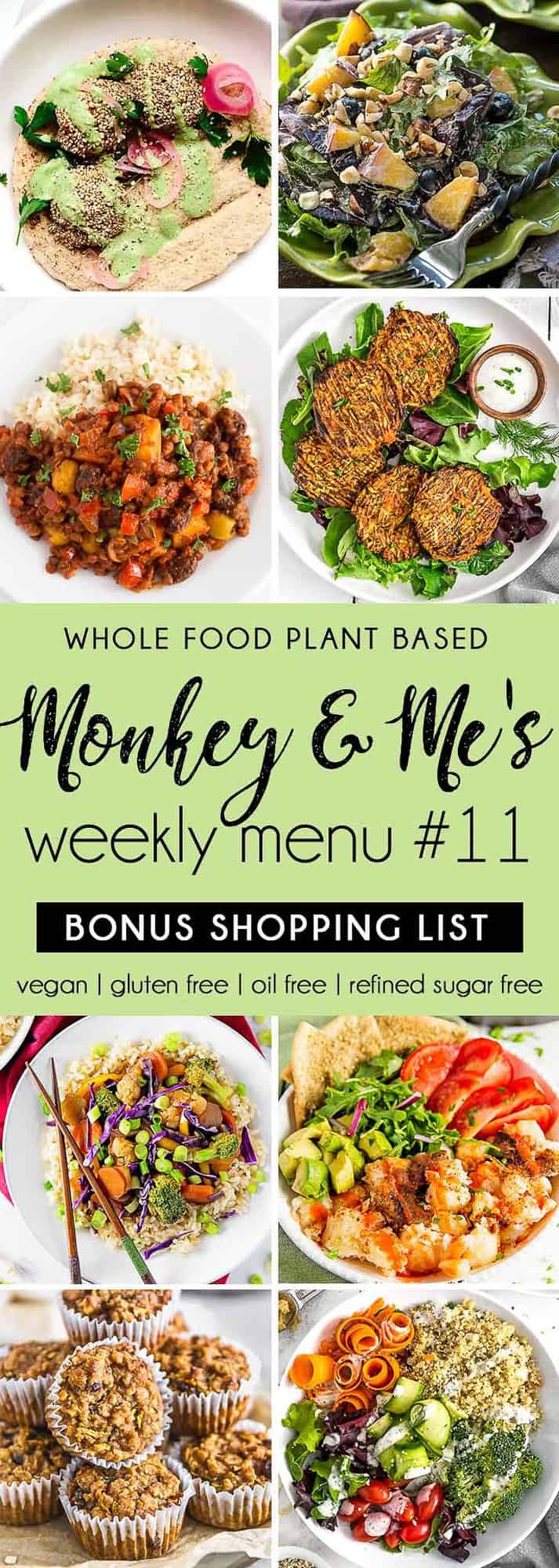 Monkey and Me's Menu, Menu 11, weekly recipe plan, menu, planner, plant based, vegan, vegetarian, whole food plant based, gluten free, recipe, wfpb, healthy, healthy vegan, oil free, no refined sugar, no oil, refined sugar free, dairy free, dinner, lunch, menu, plant based menu, vegan menu, weekly menu, meal plan, vegan meal plan, plant based meal plan, shopping list