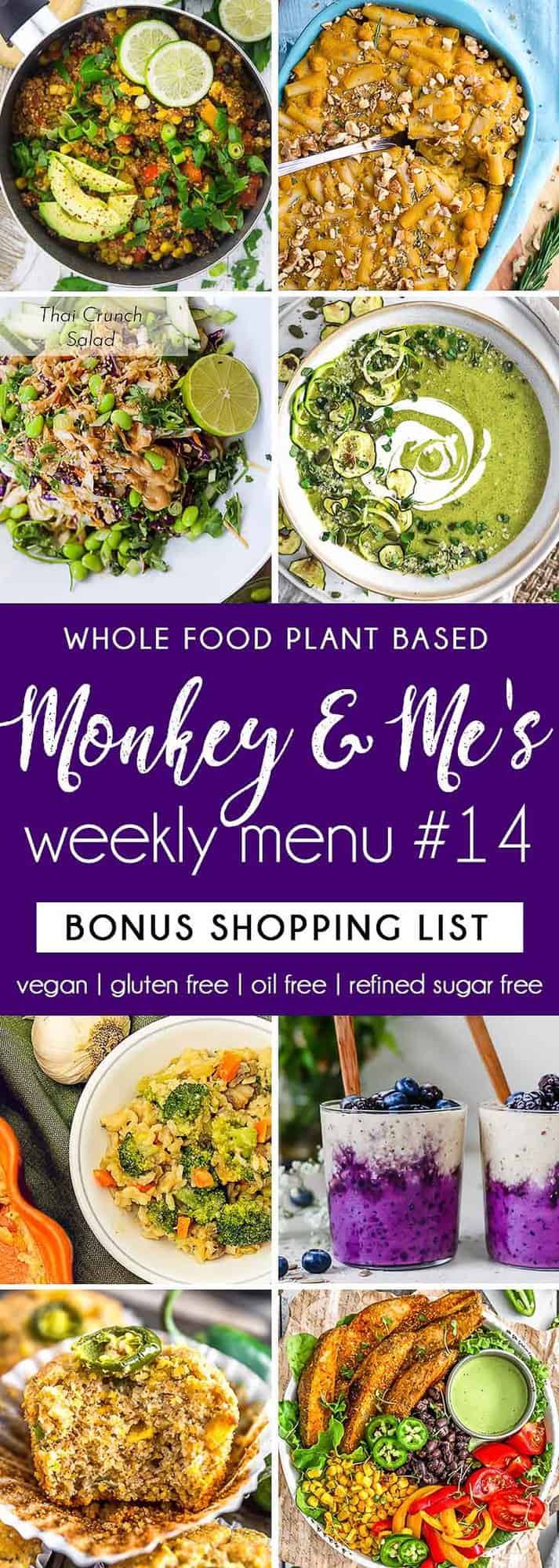 Monkey and Me's Menu, Menu 14, weekly recipe plan, menu, planner, plant based, vegan, vegetarian, whole food plant based, gluten free, recipe, wfpb, healthy, healthy vegan, oil free, no refined sugar, no oil, refined sugar free, dairy free, dinner, lunch, menu, plant based menu, vegan menu, weekly menu, meal plan, vegan meal plan, plant based meal plan, shopping list