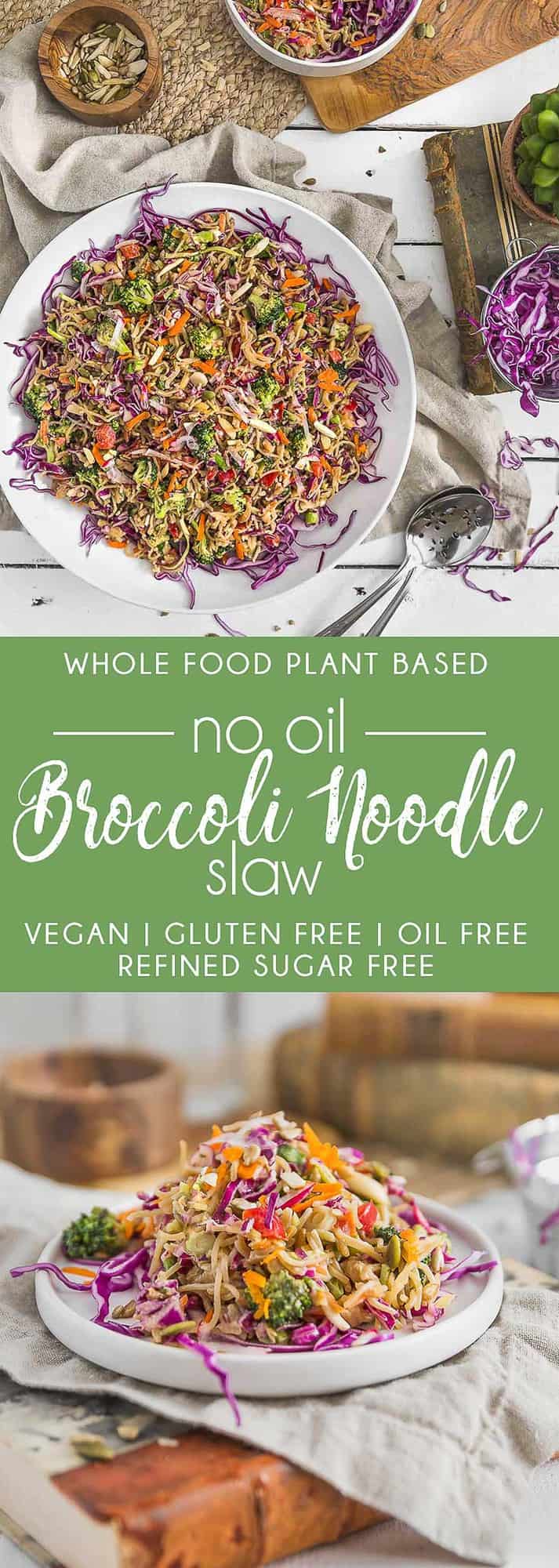 No Oil Broccoli Noodle Slaw, vegan salad, vegan slaw, vegan dinner, broccoli slaw, noodles, vegan noodles, plant based, vegan, vegetarian, whole food plant based, gluten free, recipe, wfpb, healthy, healthy vegan, oil free, no refined sugar, no oil, refined sugar free, dairy free, vegan dressing, vegan lunch, salad, dinner, lunch, easy recipe, dressing, broccoli, summer, picnic, party, entertaining