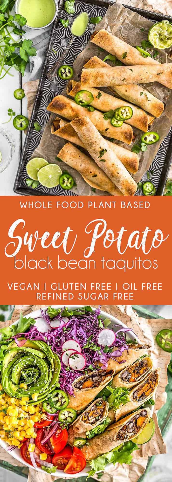 Sweet Potato Black Bean Taquitos, vegan taquitos, baked taquitos, sweet potato, black beans, taquitos, plant based, vegan, vegetarian, whole food plant based, gluten free, recipe, wfpb, healthy, healthy vegan, oil free, no refined sugar, no oil, refined sugar free, dairy free, dinner party, entertaining, dinner, lunch, no oil taquito, easy recipe, appetizer, summer, fall, winter, spring