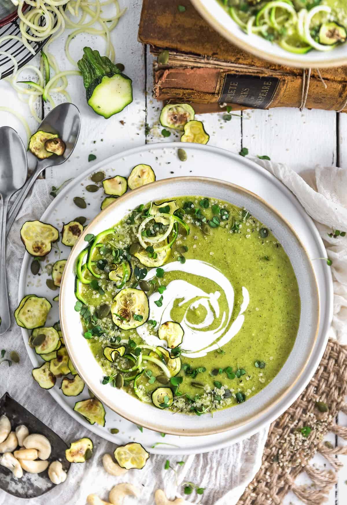 Vegan Cheesy Zucchini Soup, vegan soup, zucchini, plant based soup, plant based, vegan, vegetarian, whole food plant based, gluten free, recipe, wfpb, healthy, healthy vegan, oil free, no refined sugar, no oil, refined sugar free, dairy free, dinner party, entertaining, dinner, lunch, zucchini soup, soup, fast recipe, easy recipe, quick recipe, 30 minute meal,