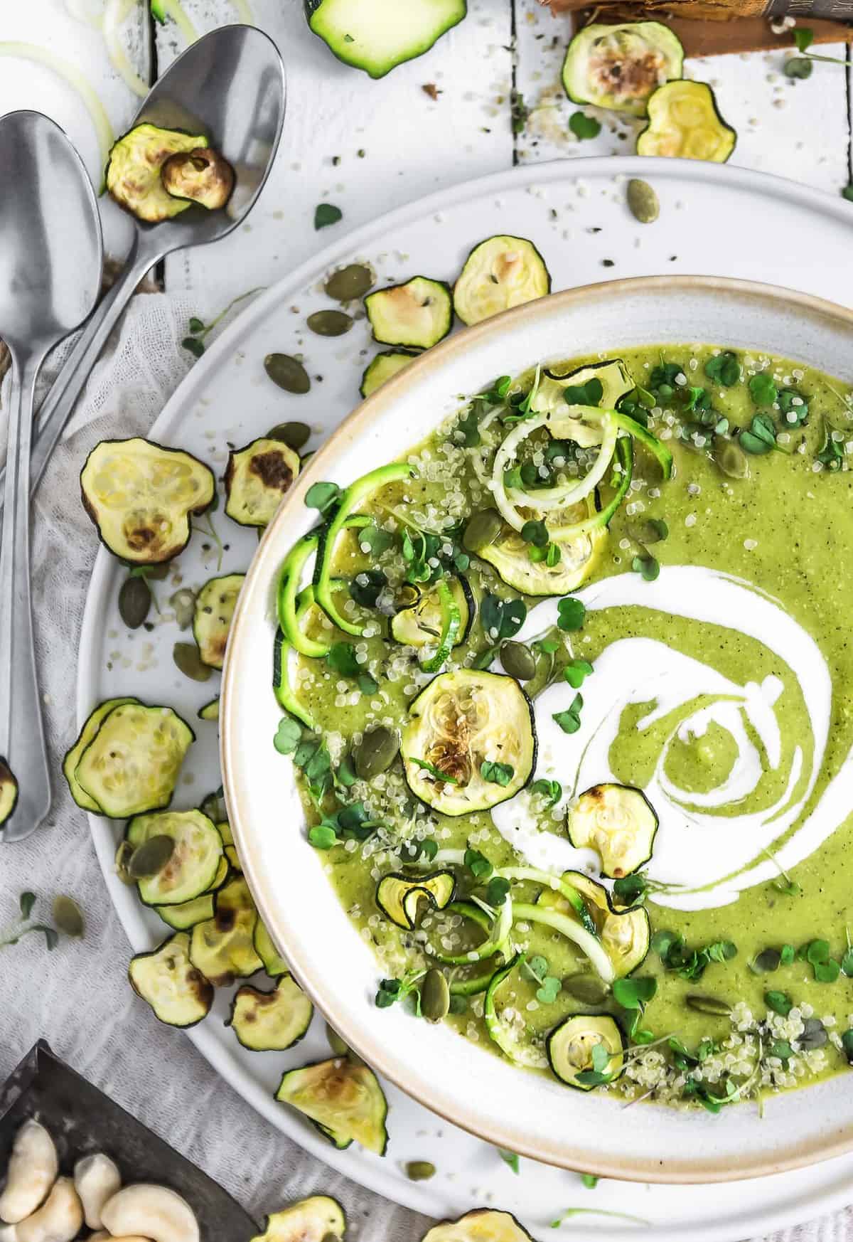 Vegan Cheesy Zucchini Soup, vegan soup, zucchini, plant based soup, plant based, vegan, vegetarian, whole food plant based, gluten free, recipe, wfpb, healthy, healthy vegan, oil free, no refined sugar, no oil, refined sugar free, dairy free, dinner party, entertaining, dinner, lunch, zucchini soup, soup, fast recipe, easy recipe, quick recipe, 30 minute meal,