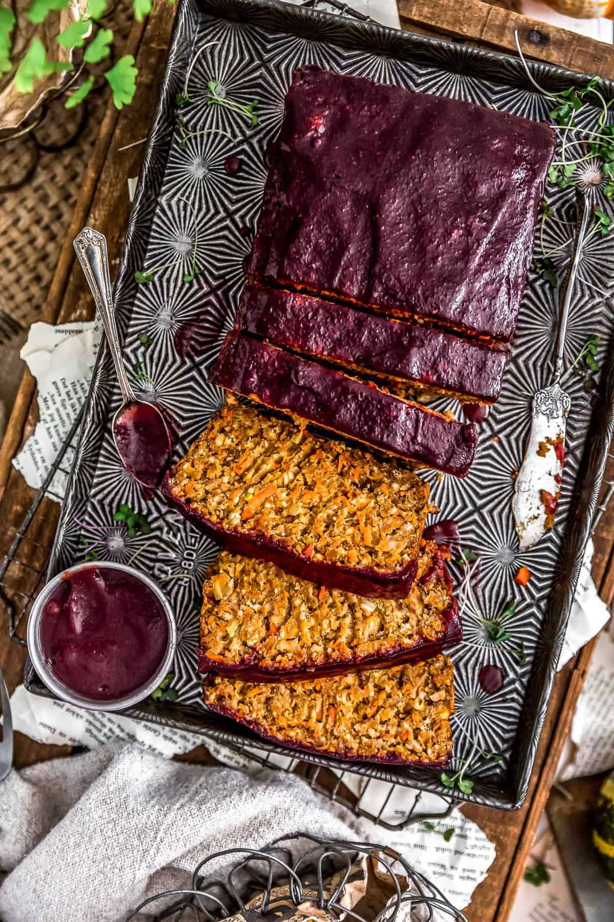 Sliced Harvest Veggie Loaf with spiced cranberry sauce