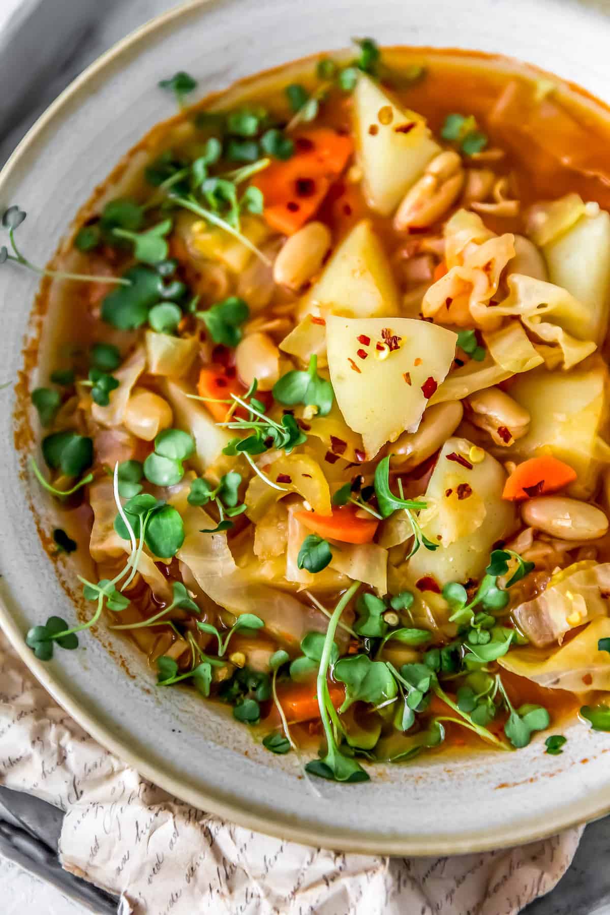 Close up of vegan Cabbage Potato Bean Soup