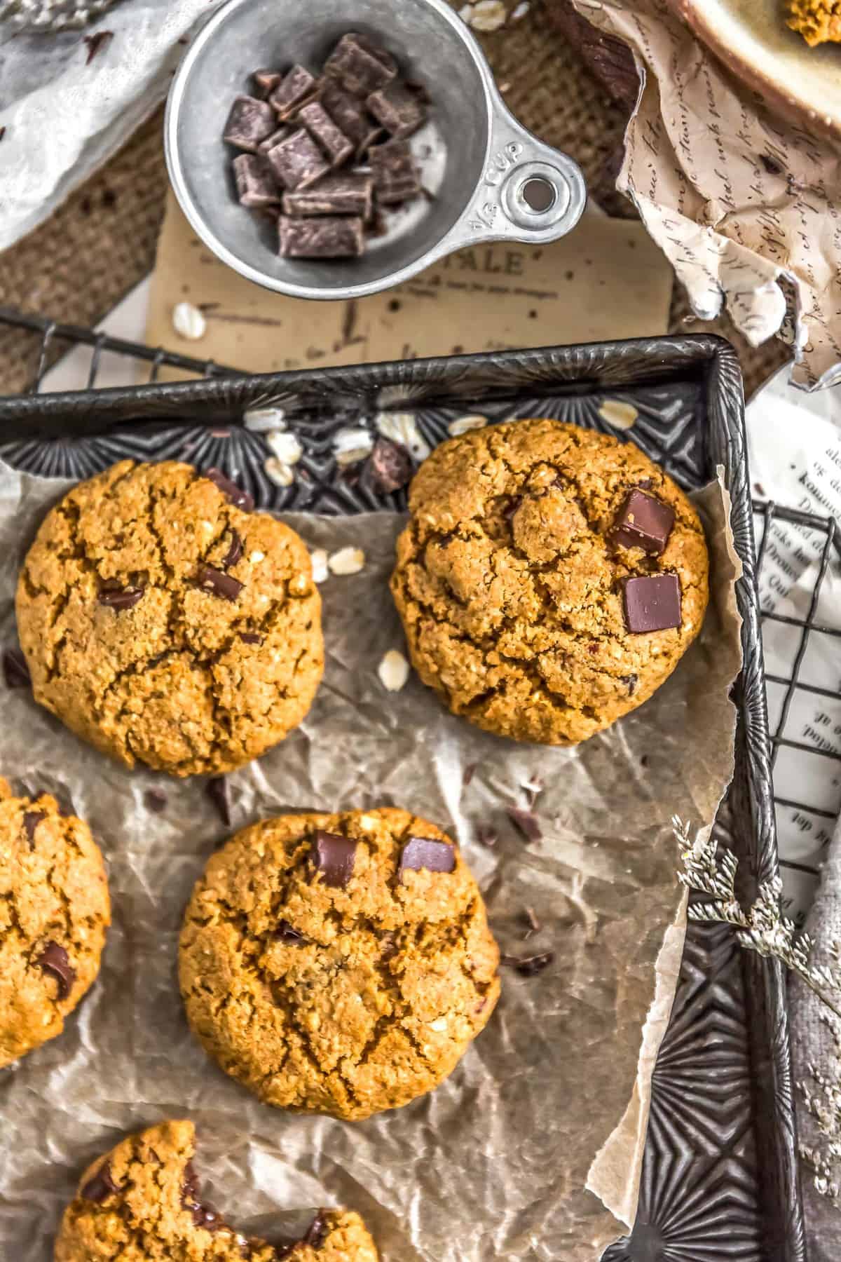Healthy Vegan Chocolate Chip Cookies on a cookie sheet