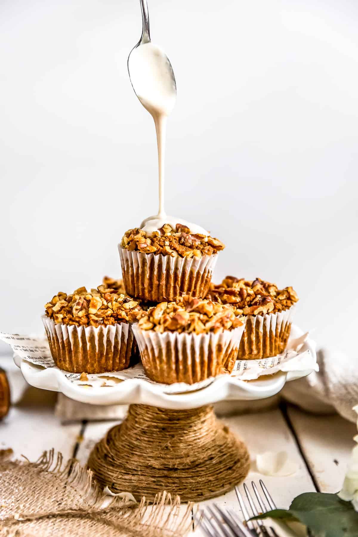 Glaze drizzled on Healthy Vegan Pumpkin Muffin